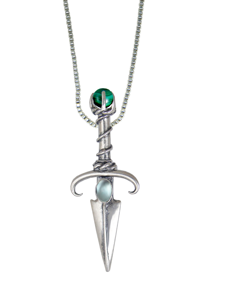 Sterling Silver Black Prince's Knife Dagger Pendant With Blue Topaz And Malachite